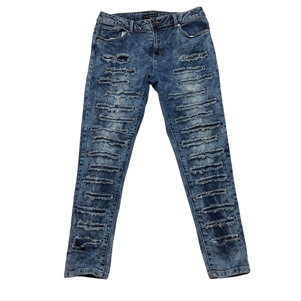 Traffic Jeanswear Jeans Womens 13 Blue Acid Wash Distressed Rhinestone Shredded